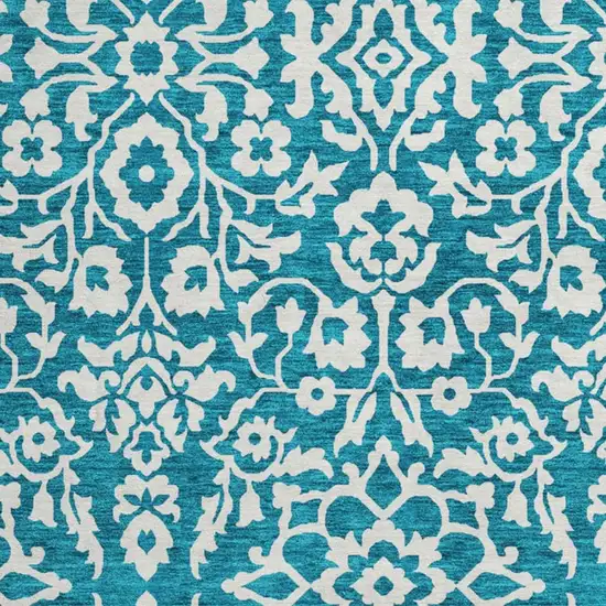 8' Teal And Ivory Damask Washable Round Rug With UV Protection Photo 3