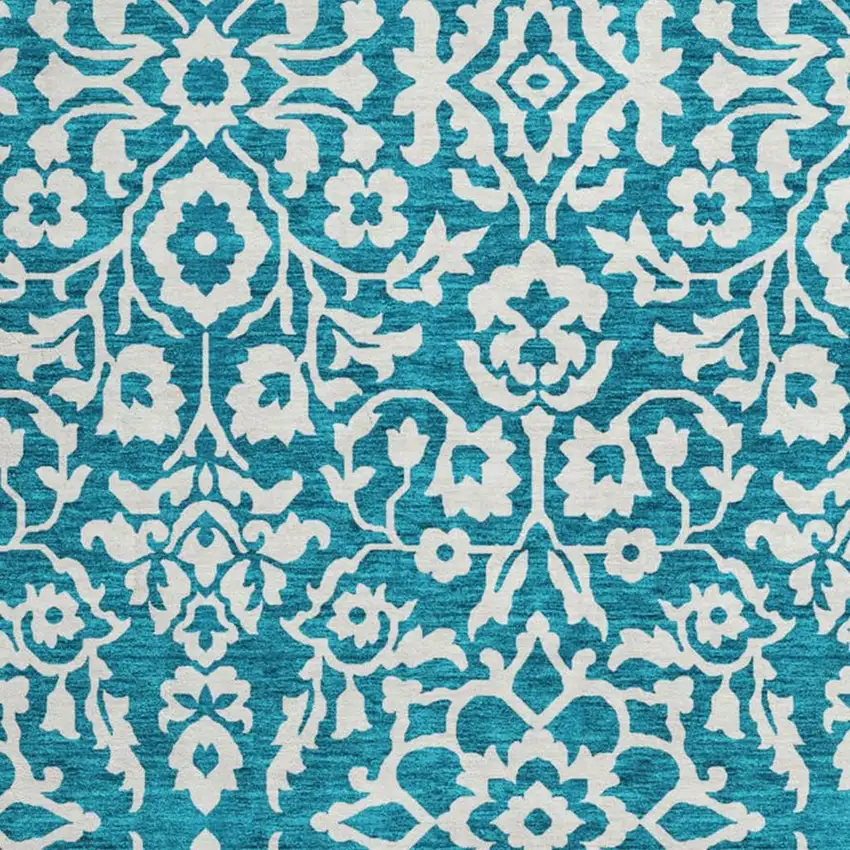 8' Teal And Ivory Damask Washable Round Rug With UV Protection Photo 3