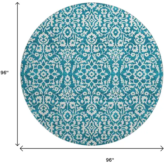 8' Teal And Ivory Damask Washable Round Rug With UV Protection Photo 3