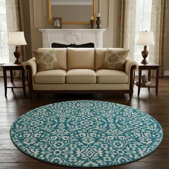 8' Teal And Ivory Damask Washable Round Rug With UV Protection Photo 2