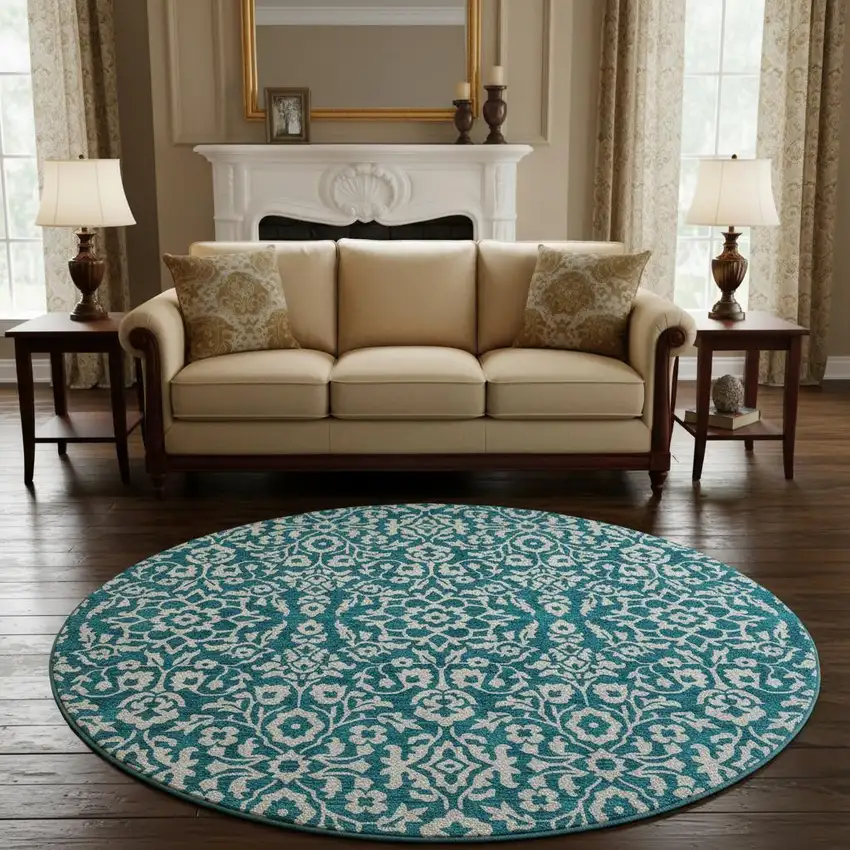 8' Teal And Ivory Damask Washable Round Rug With UV Protection Photo 2