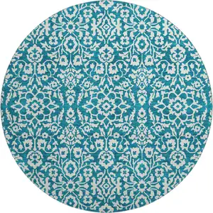 Photo of 8' Teal And Ivory Damask Washable Round Rug With UV Protection