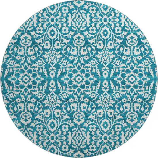 8' Teal And Ivory Damask Washable Round Rug With UV Protection Photo 1