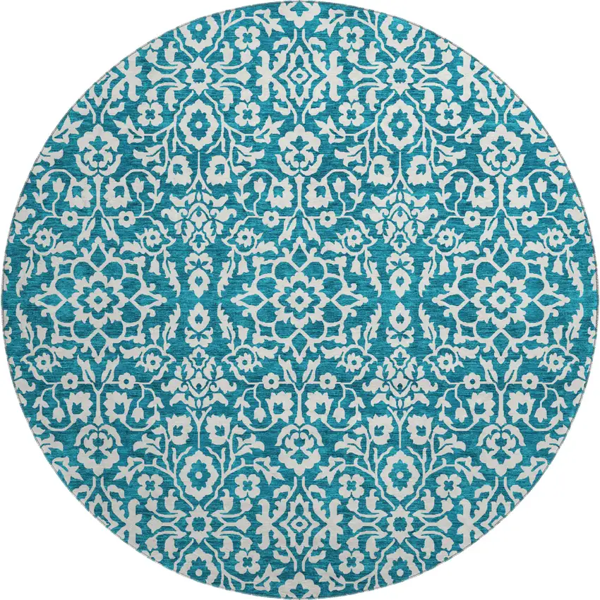 8' Teal And Ivory Damask Washable Round Rug With UV Protection Photo 1
