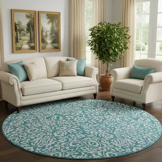 8' Teal And Ivory Damask Washable Round Rug With UV Protection Photo 1