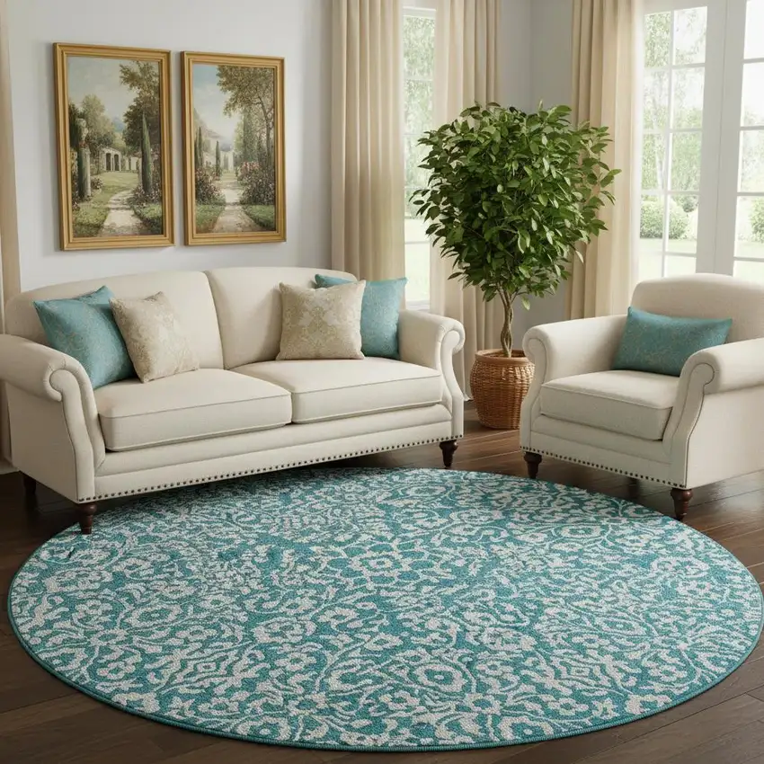 8' Teal And Ivory Damask Washable Round Rug With UV Protection Photo 1