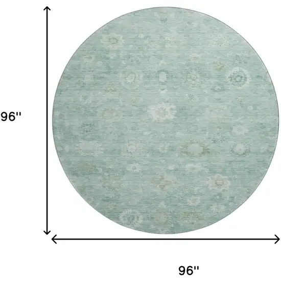 8' Teal And Ivory Damask Washable Round Rug With UV Protection Photo 9