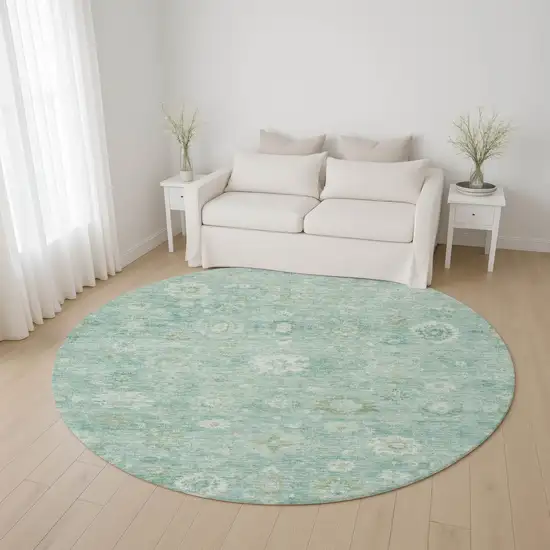 8' Teal And Ivory Damask Washable Round Rug With UV Protection Photo 4
