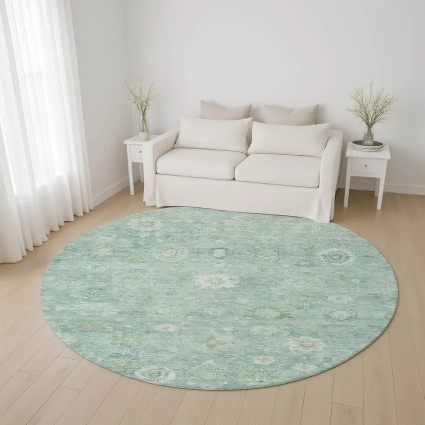 8' Teal And Ivory Damask Washable Round Rug With UV Protection Photo 4