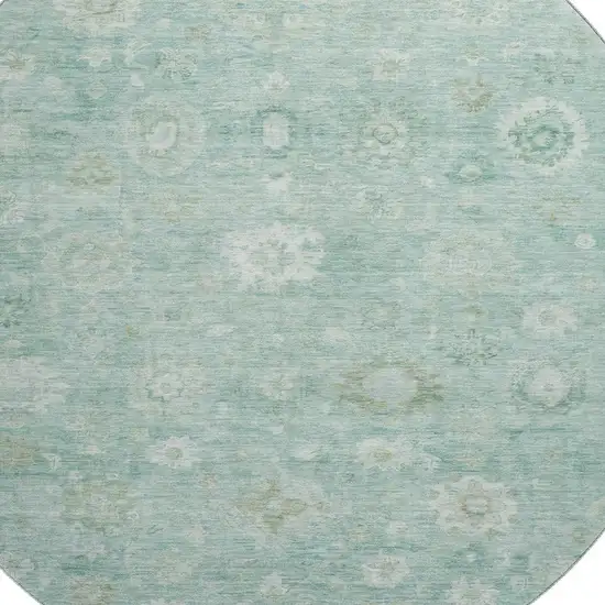 8' Teal And Ivory Damask Washable Round Rug With UV Protection Photo 2