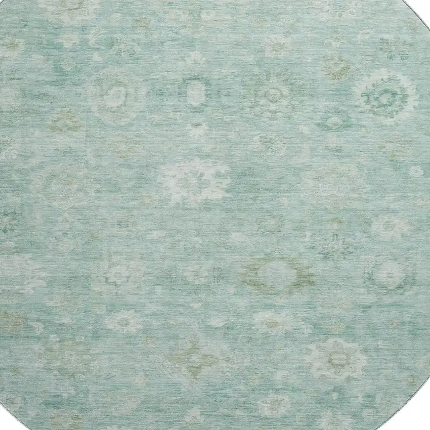 8' Teal And Ivory Damask Washable Round Rug With UV Protection Photo 2