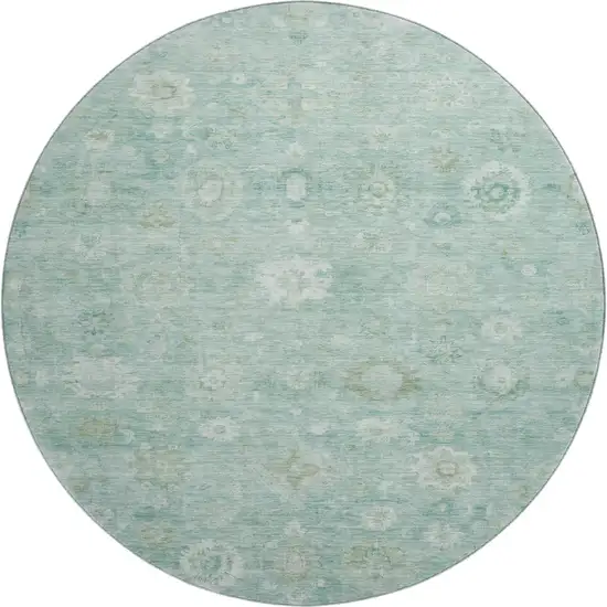 8' Teal And Ivory Damask Washable Round Rug With UV Protection Photo 1