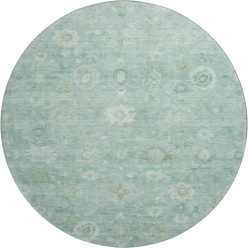 8' Teal And Ivory Damask Washable Round Rug With UV Protection Photo 1