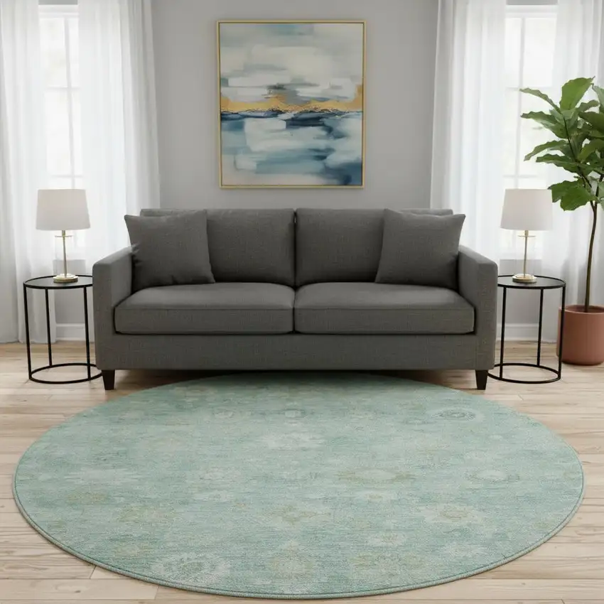 8' Teal And Ivory Damask Washable Round Rug With UV Protection Photo 2