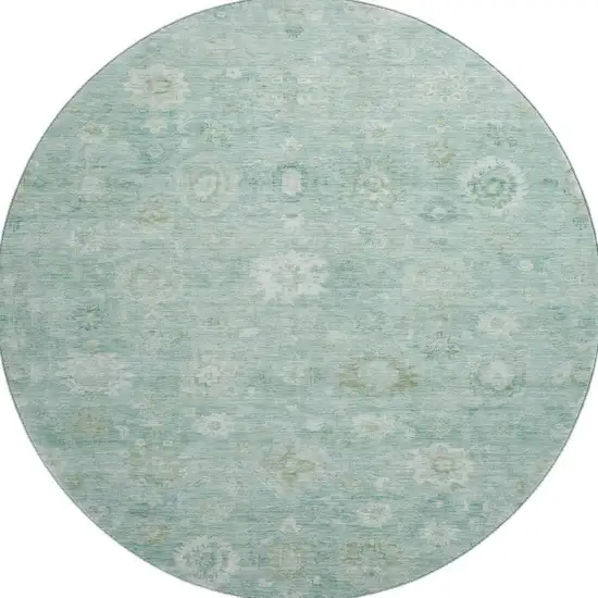 8' Teal And Ivory Damask Washable Round Rug With UV Protection Photo 3