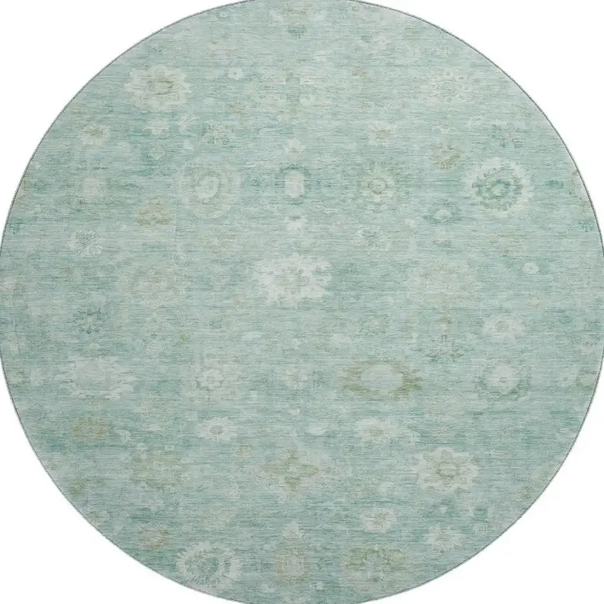 8' Teal And Ivory Damask Washable Round Rug With UV Protection Photo 3