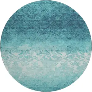 Photo of 8' Teal And Ivory Damask Washable Round Rug With UV Protection