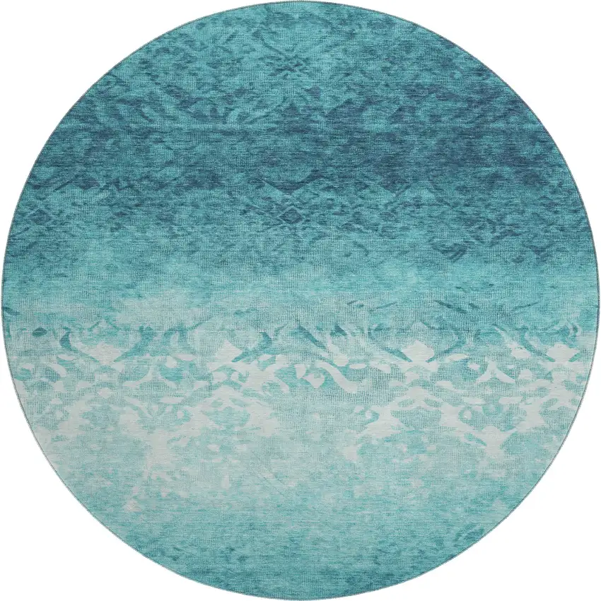 8' Teal And Ivory Damask Washable Round Rug With UV Protection Photo 1