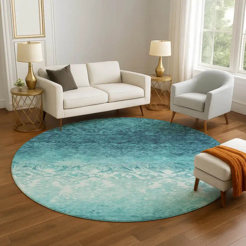 8' Teal And Ivory Damask Washable Round Rug With UV Protection Photo 5