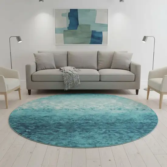 8' Teal And Ivory Damask Washable Round Rug With UV Protection Photo 2
