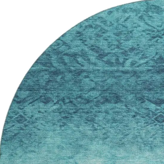 8' Teal And Ivory Damask Washable Round Rug With UV Protection Photo 4
