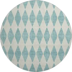 Photo of 8' Teal And Ivory Diamond Washable Round Rug With UV Protection