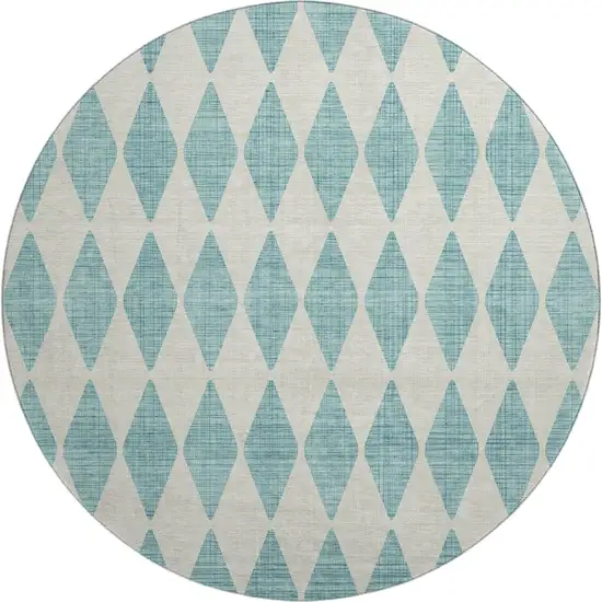 8' Teal And Ivory Diamond Washable Round Rug With UV Protection Photo 1