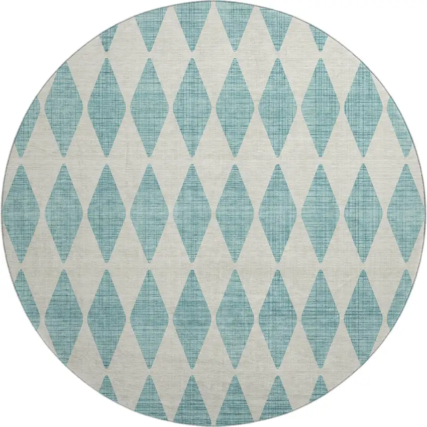 8' Teal And Ivory Diamond Washable Round Rug With UV Protection Photo 1