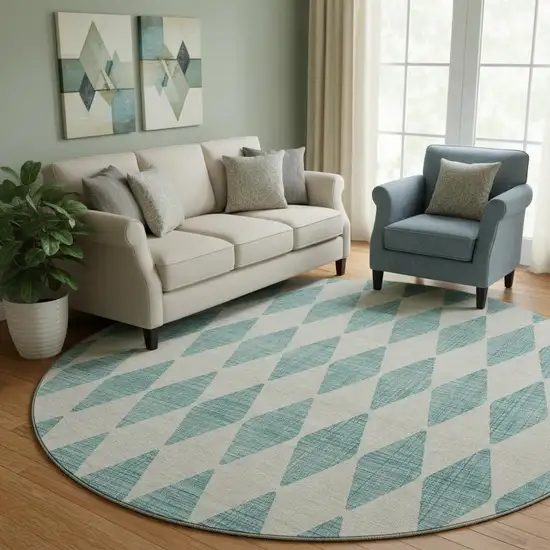 8' Teal And Ivory Diamond Washable Round Rug With UV Protection Photo 1