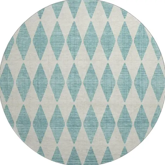 8' Teal And Ivory Diamond Washable Round Rug With UV Protection Photo 3