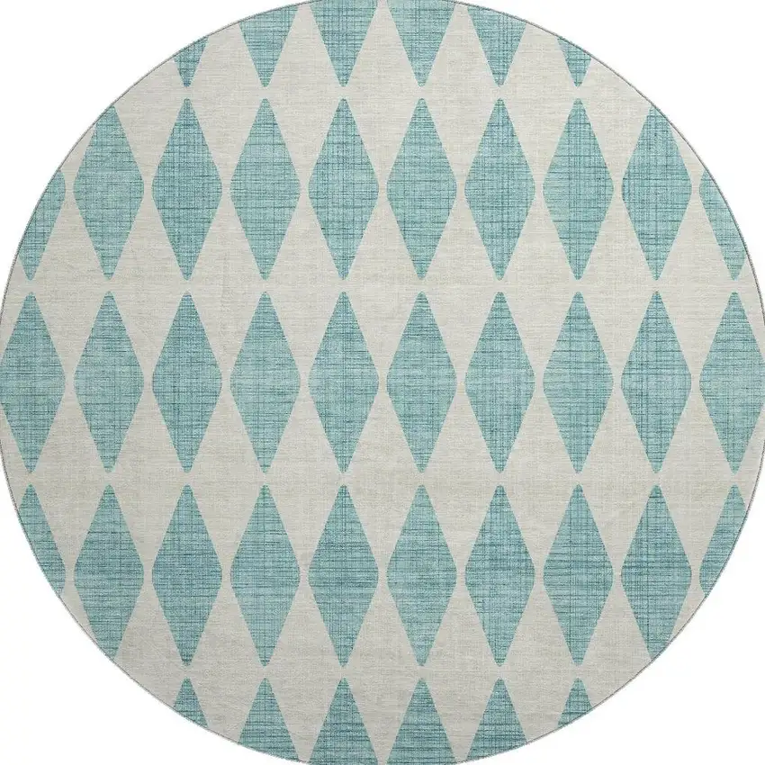 8' Teal And Ivory Diamond Washable Round Rug With UV Protection Photo 3
