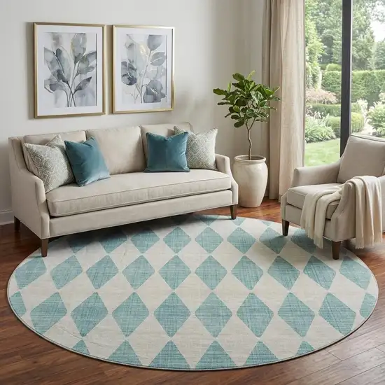 8' Teal And Ivory Diamond Washable Round Rug With UV Protection Photo 1
