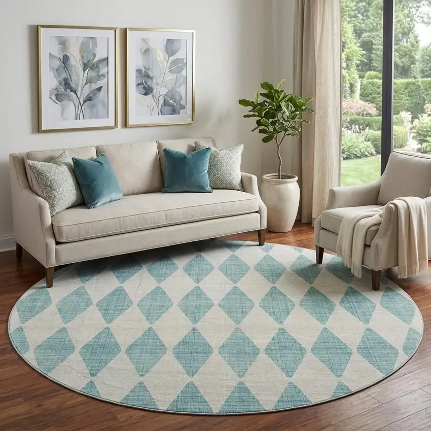 8' Teal And Ivory Diamond Washable Round Rug With UV Protection Photo 1