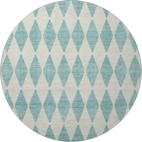 8' Teal And Ivory Diamond Washable Round Rug With UV Protection Photo 4