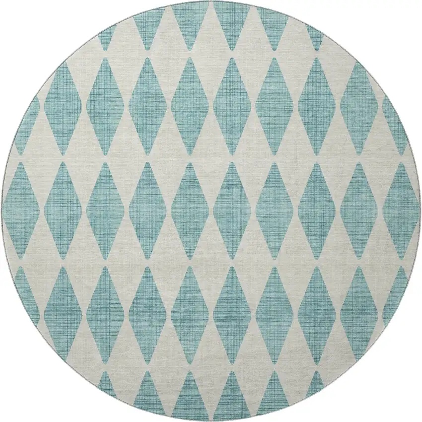8' Teal And Ivory Diamond Washable Round Rug With UV Protection Photo 4