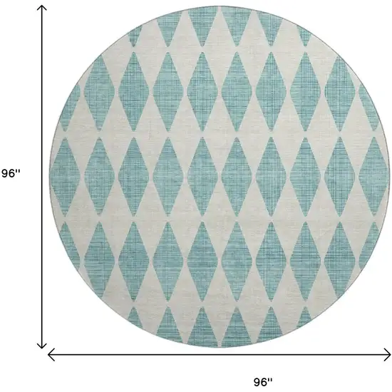 8' Teal And Ivory Diamond Washable Round Rug With UV Protection Photo 3