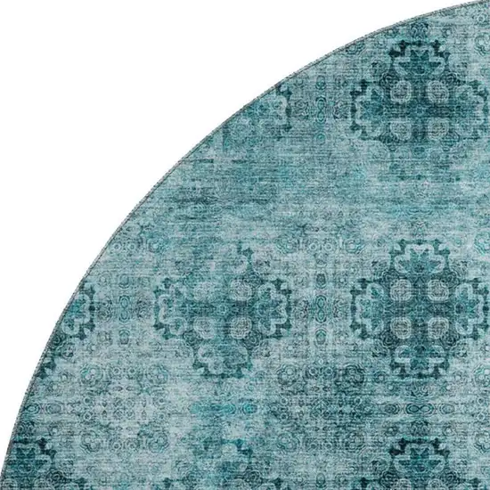 8' Teal And Ivory Floral Medallion Washable Round Rug With UV Protection Photo 3