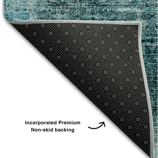 8' Teal And Ivory Floral Medallion Washable Round Rug With UV Protection Photo 6