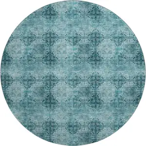 Photo of 8' Teal And Ivory Floral Medallion Washable Round Rug With UV Protection