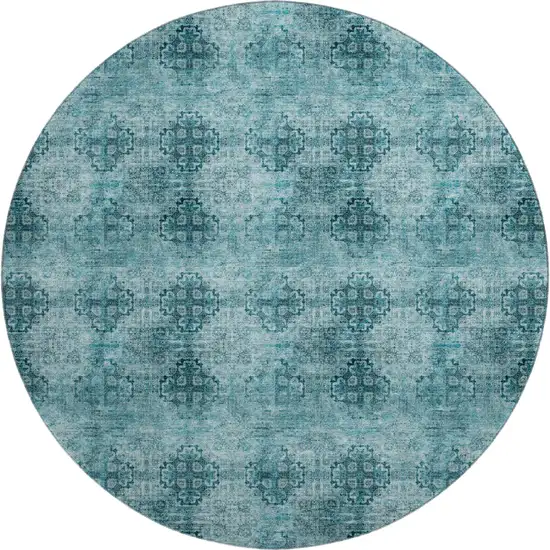 8' Teal And Ivory Floral Medallion Washable Round Rug With UV Protection Photo 1