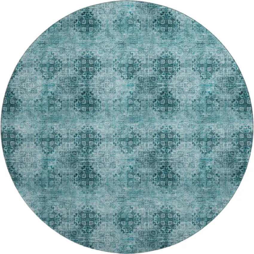 8' Teal And Ivory Floral Medallion Washable Round Rug With UV Protection Photo 1