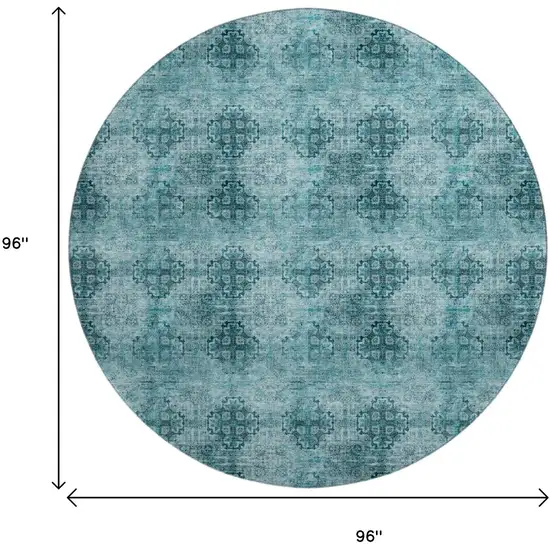 8' Teal And Ivory Floral Medallion Distressed Washable Round Rug With UV Protection Photo 9