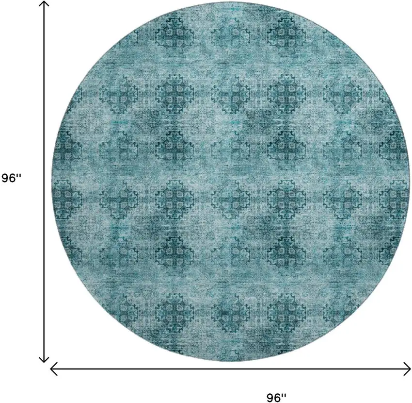 8' Teal And Ivory Floral Medallion Distressed Washable Round Rug With UV Protection Photo 9