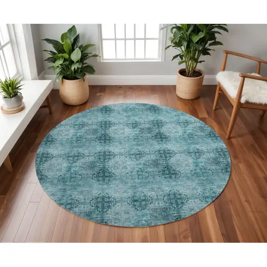8' Teal And Ivory Floral Medallion Washable Round Rug With UV Protection Photo 2