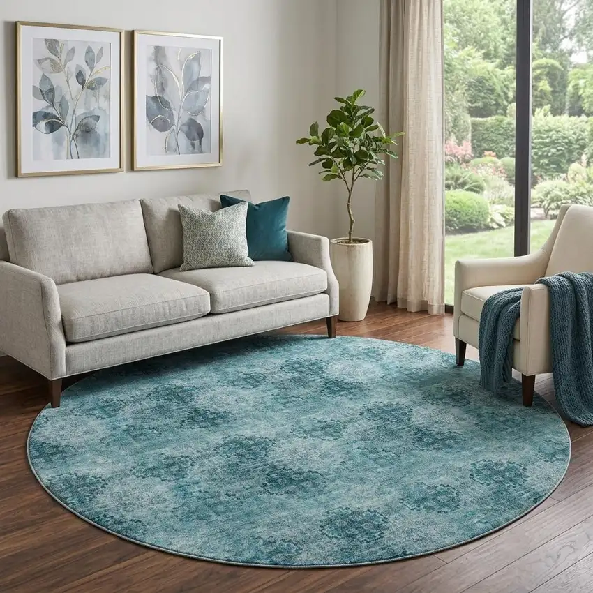 8' Teal And Ivory Floral Medallion Distressed Washable Round Rug With UV Protection Photo 1