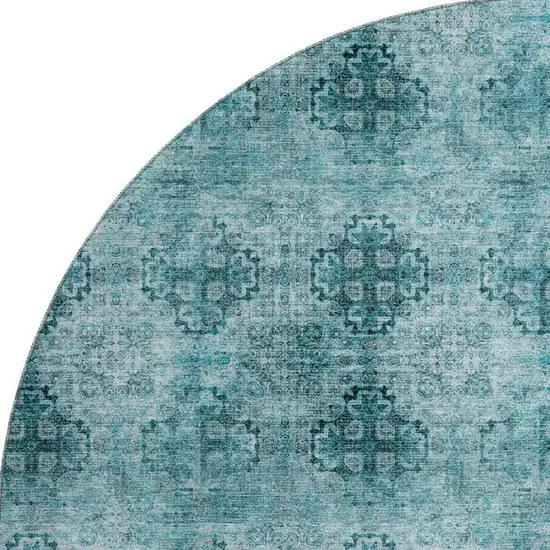 8' Teal And Ivory Floral Medallion Washable Round Rug With UV Protection Photo 4