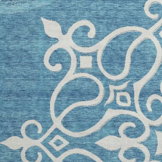 8' Teal And Ivory Floral Medallion Washable Round Rug With UV Protection Photo 3