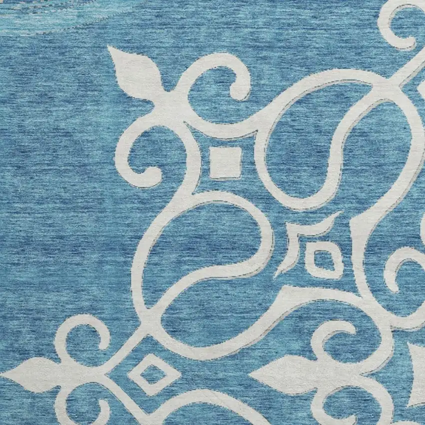 8' Teal And Ivory Floral Medallion Washable Round Rug With UV Protection Photo 3