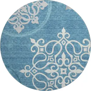 Photo of 8' Teal And Ivory Floral Medallion Washable Round Rug With UV Protection