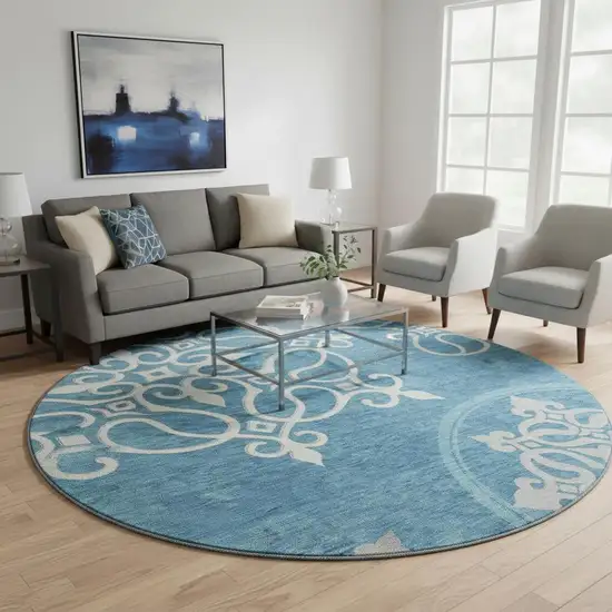 8' Teal And Ivory Floral Medallion Washable Round Rug With UV Protection Photo 2